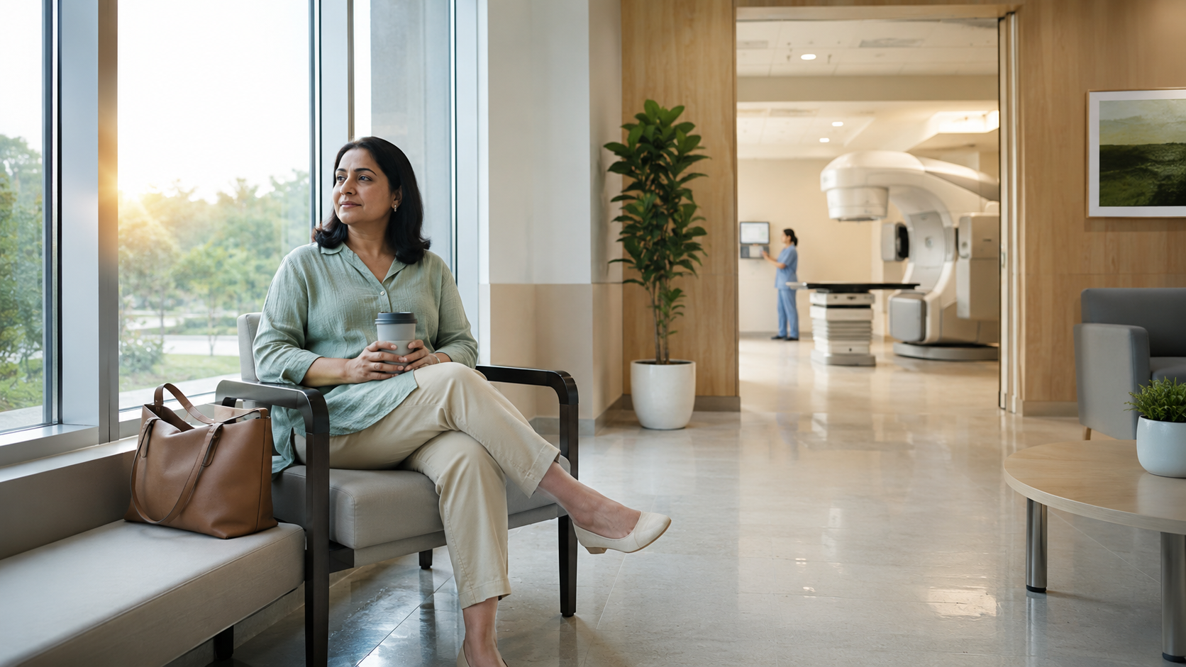 A patient waiting near a modern radiation treatment suite