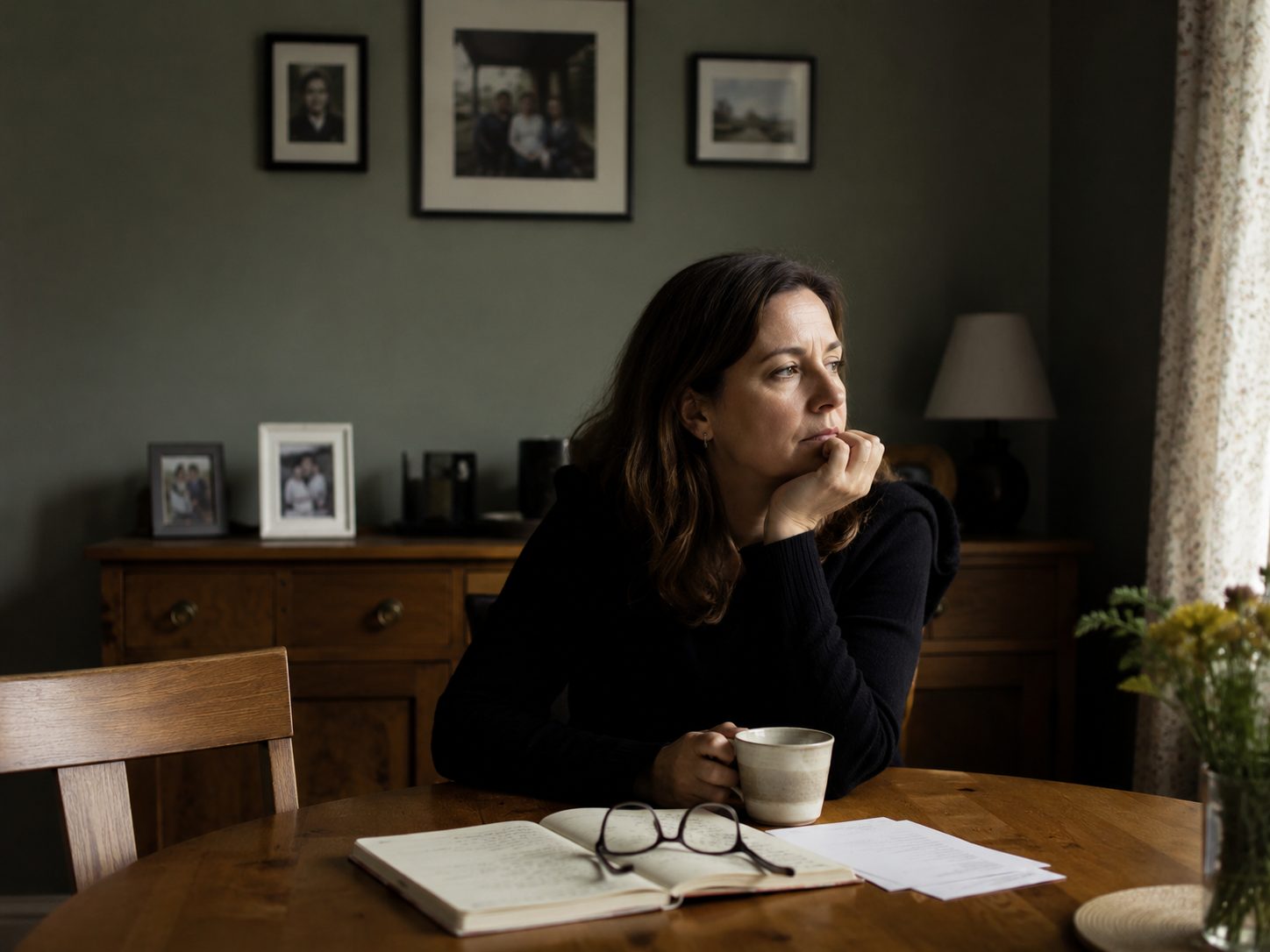 A woman sitting quietly at a dining table with a cup of tea and open journal