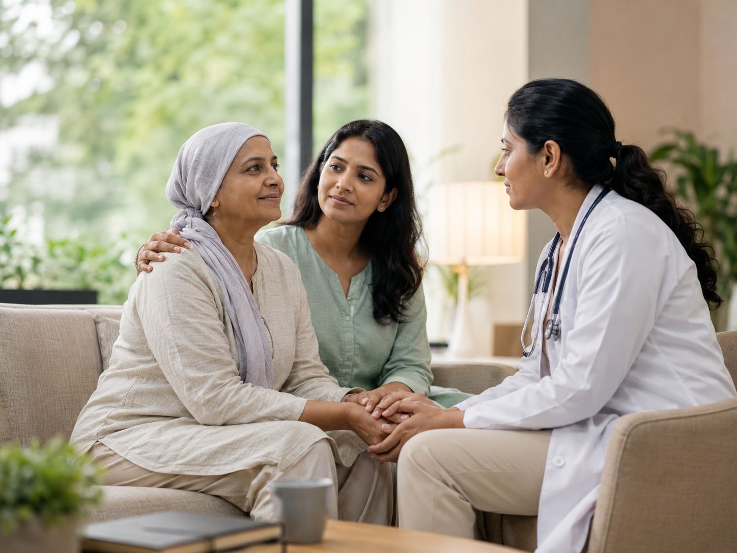 A patient sitting between a family member and a doctor, holding hands in a sunlit living room