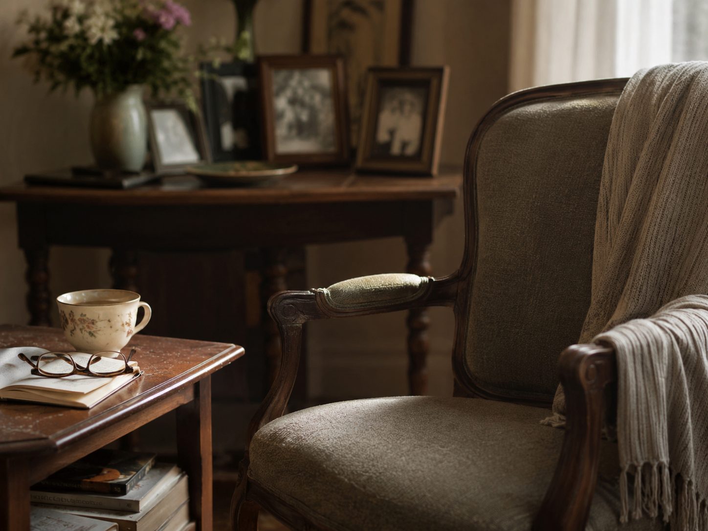 An empty armchair beside a side table with framed family photographs