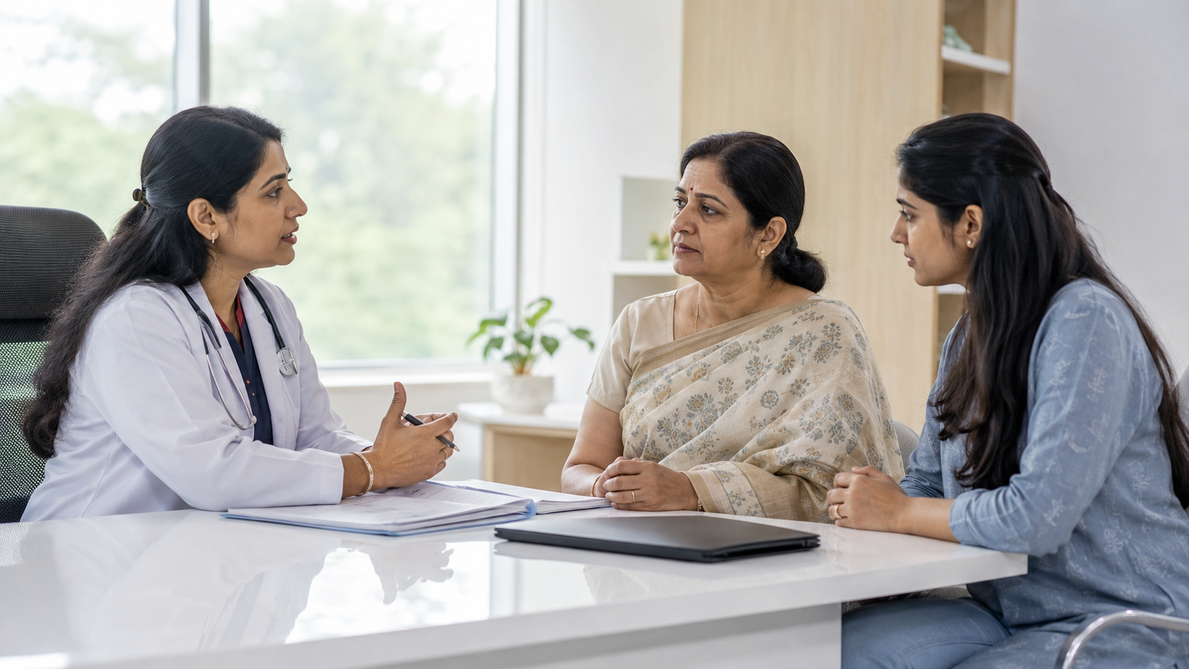 A doctor speaking with a mother and daughter across a consultation table