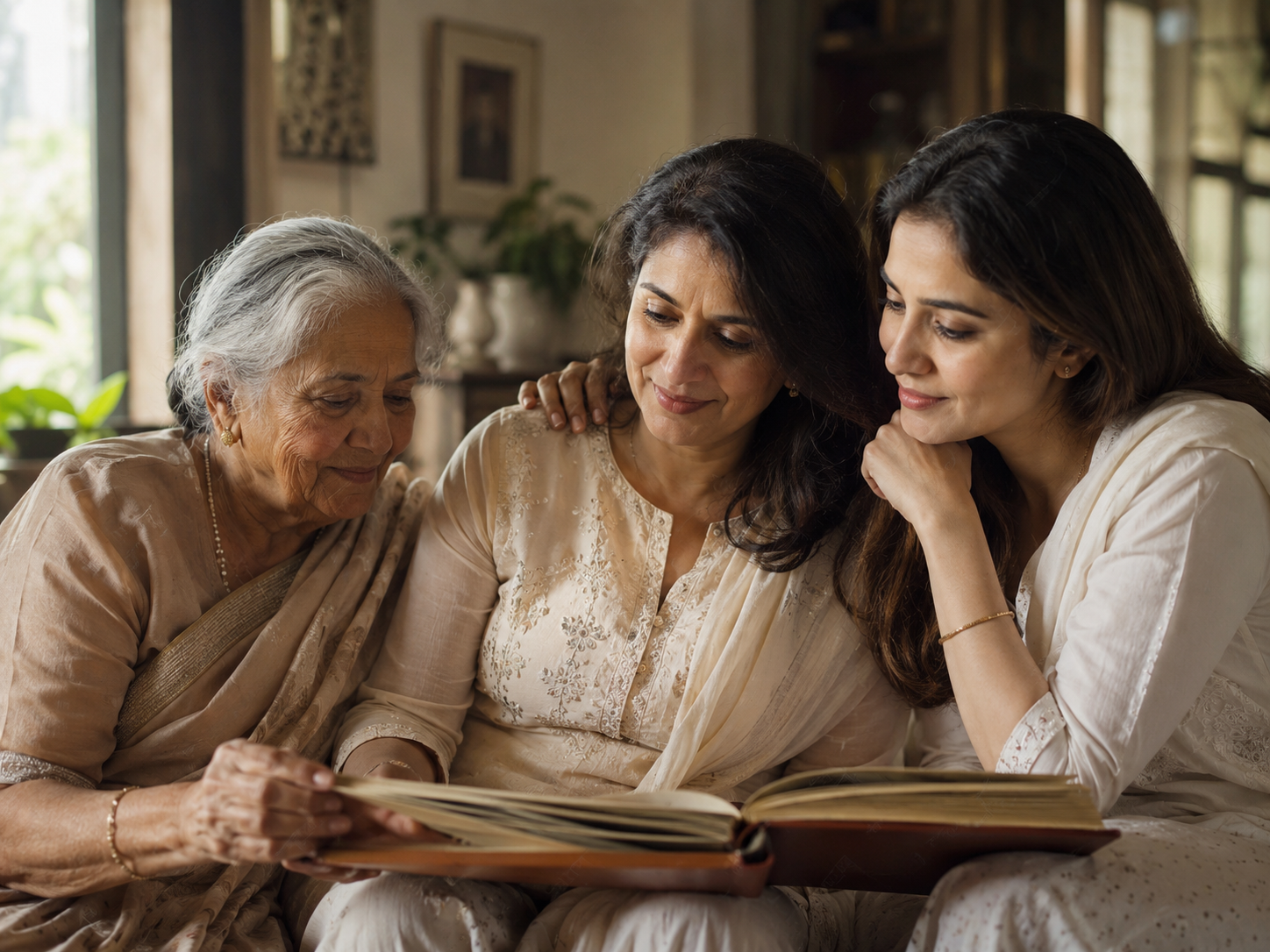 Three generations of a family looking through an old photograph album together