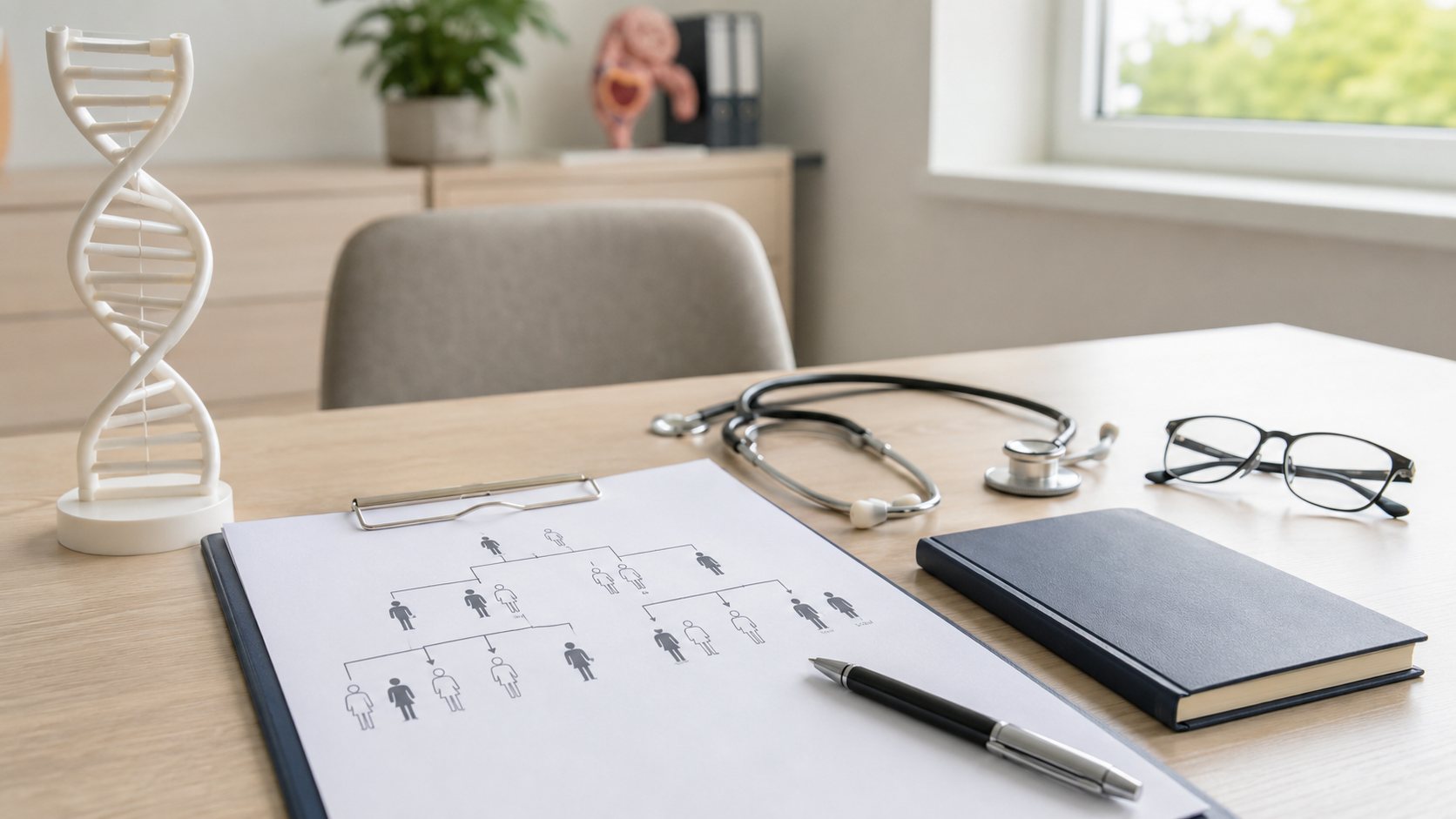 A family tree diagram beside a DNA model and stethoscope on a clinician’s desk