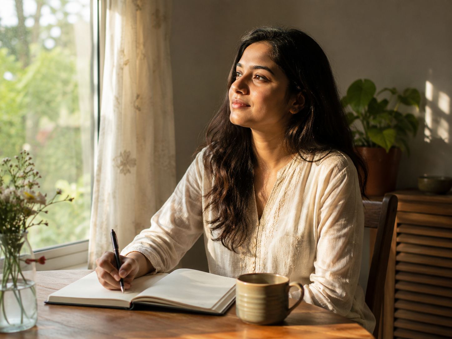A woman writing in a journal by a sunlit window with a cup of tea