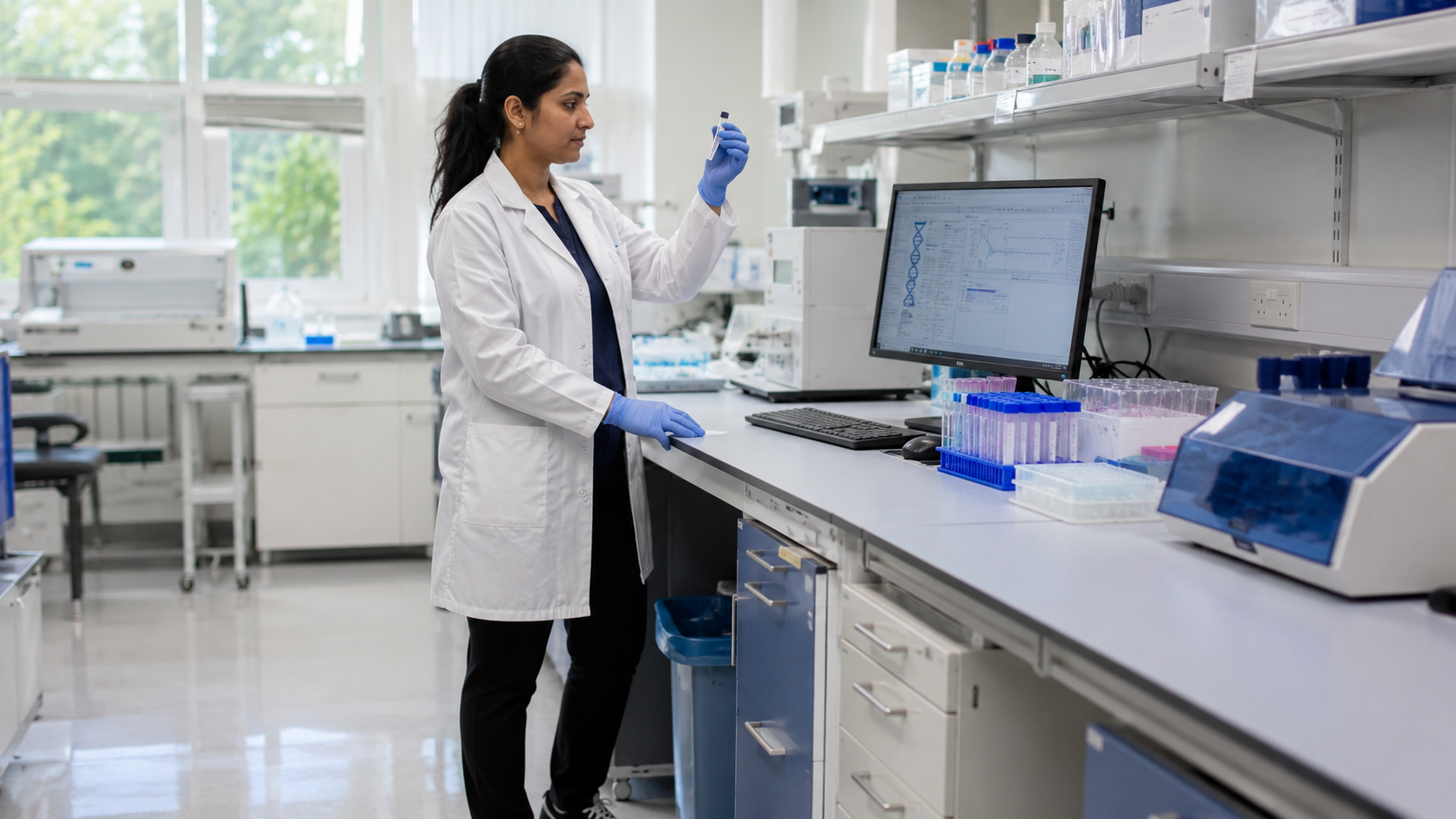 A researcher examining a sample in a genetics lab