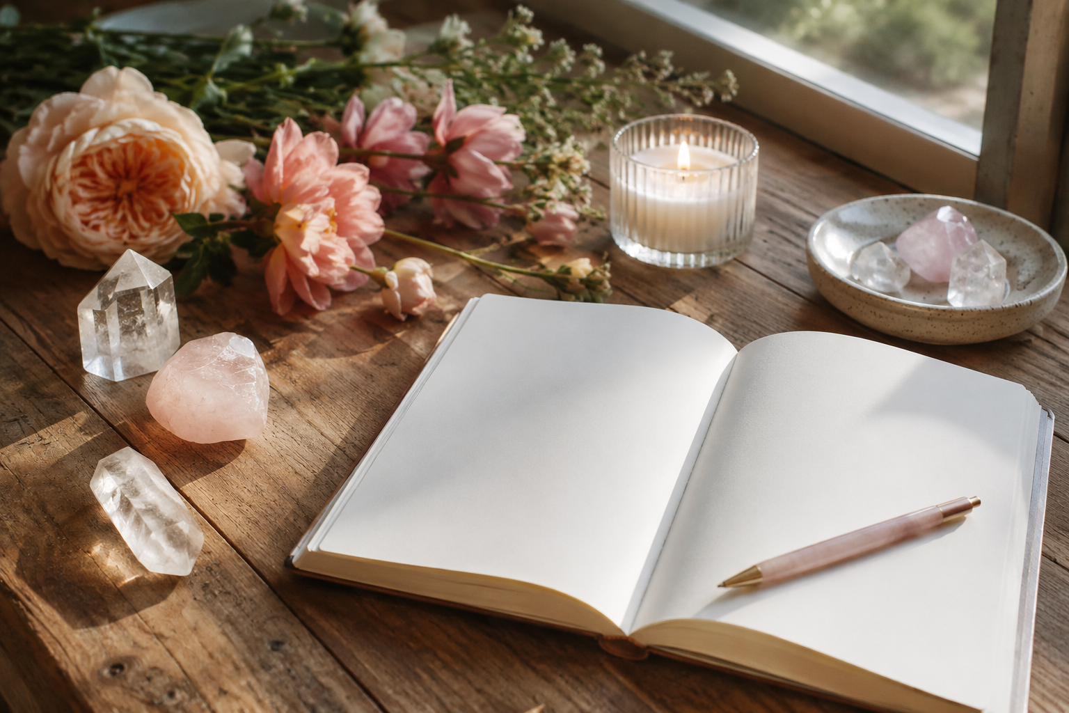 An open journal, candle and crystals on a wooden table