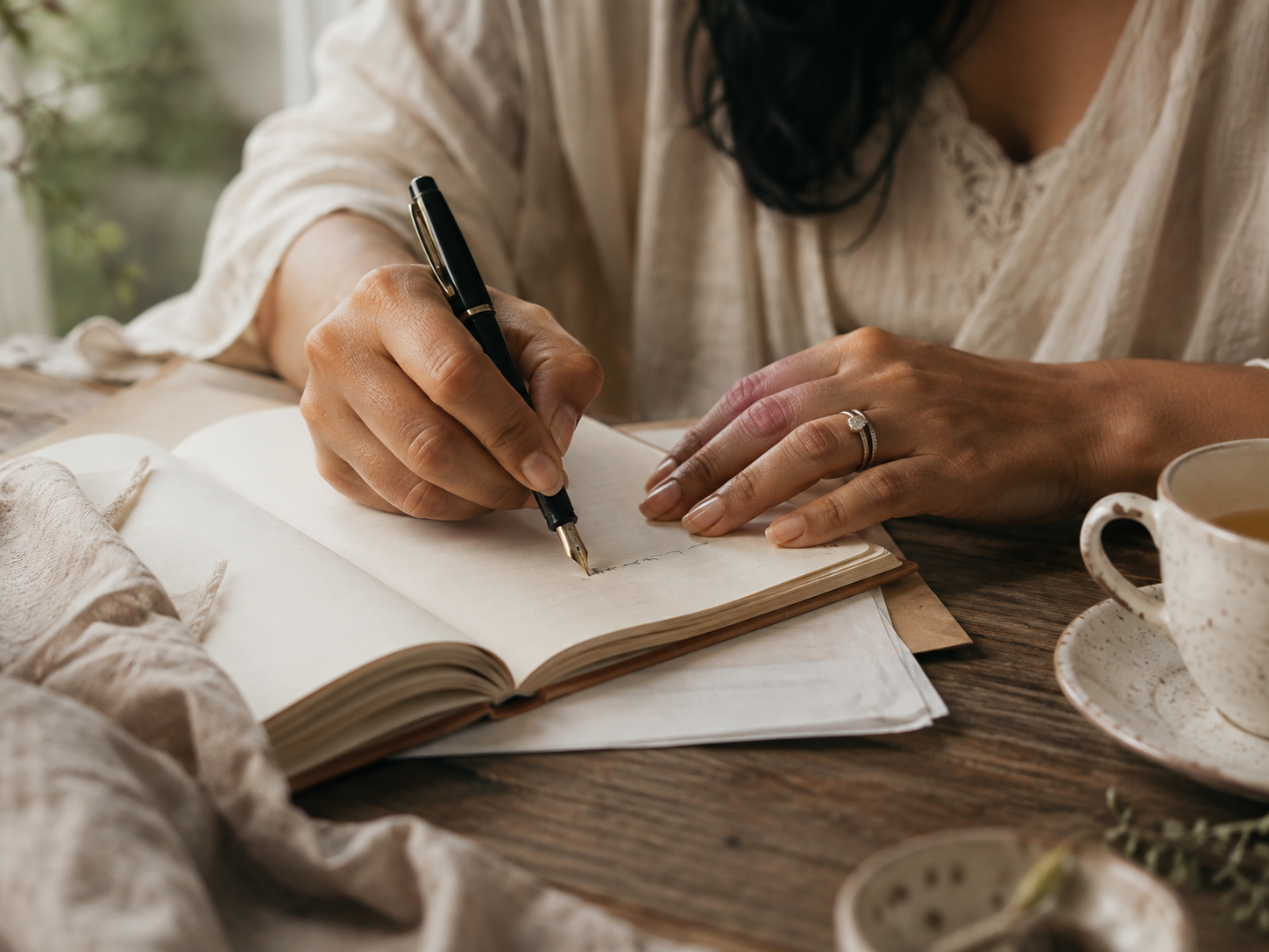 A woman writing in a journal with a fountain pen