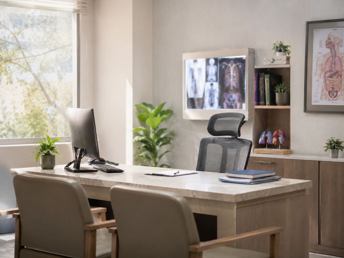 A calm, light-filled clinician’s office with a desk, scans on the wall, and anatomical charts