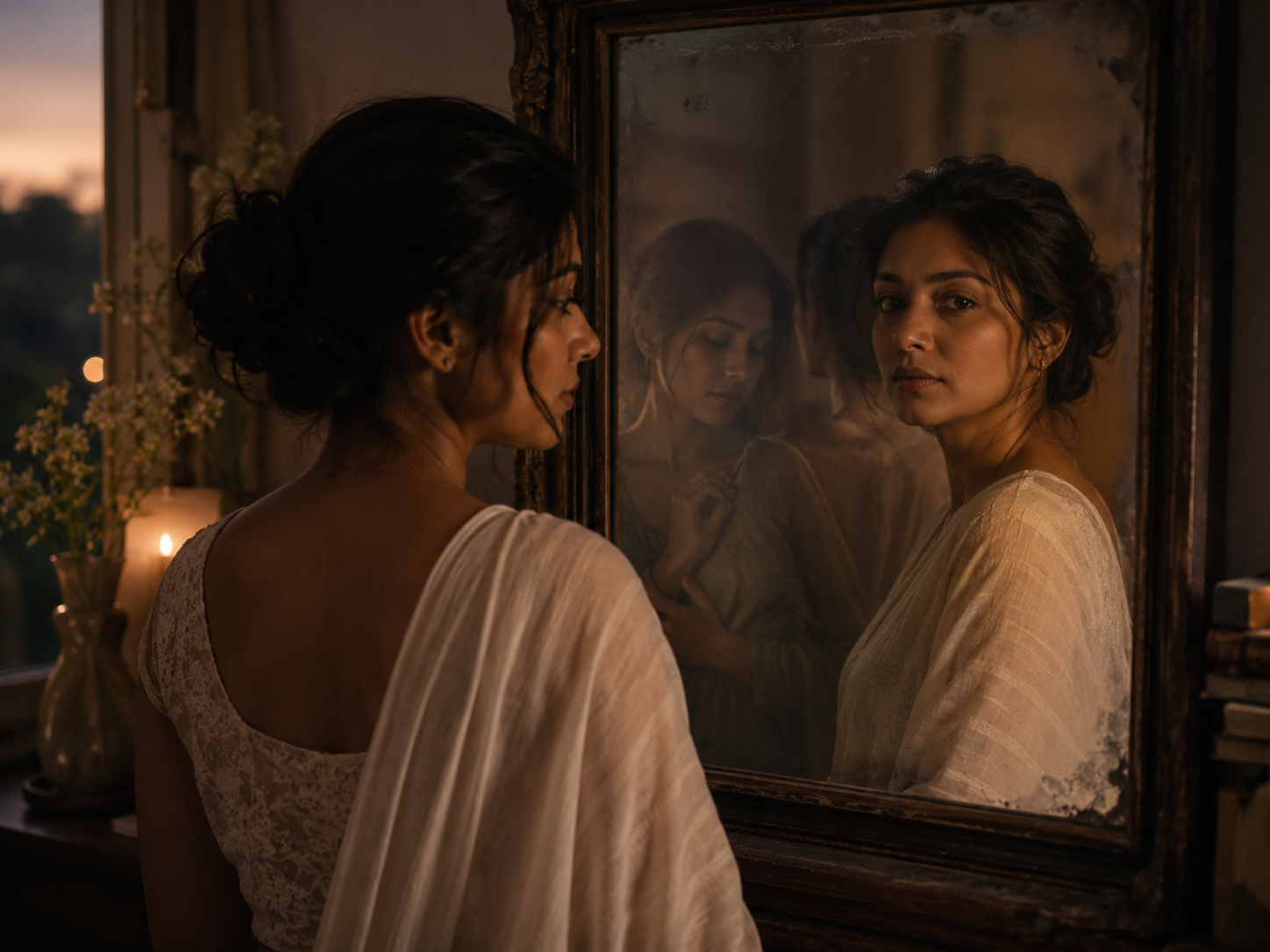 A woman looking at her reflection in an old mirror at dusk