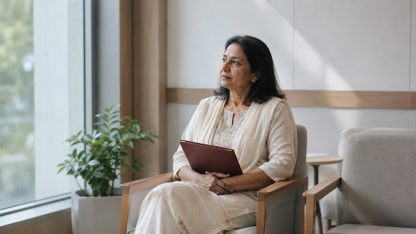 A woman sitting by a window, holding a folder, in a quiet moment of reflection