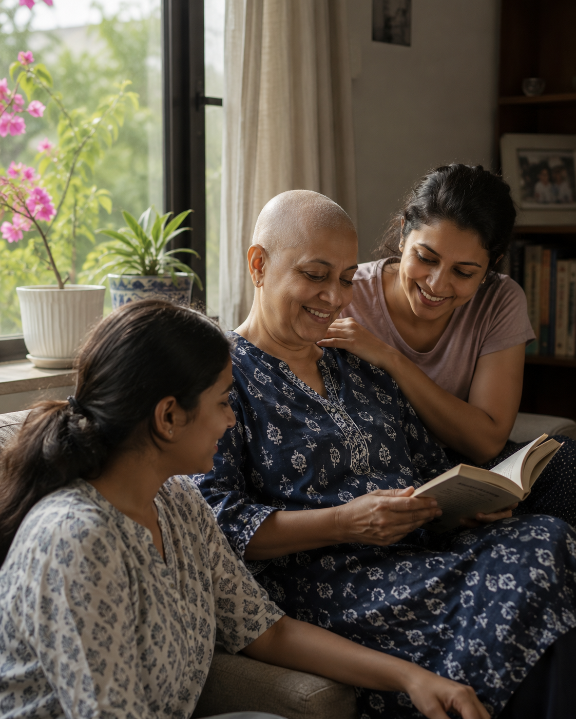A patient reading at home with family after treatment