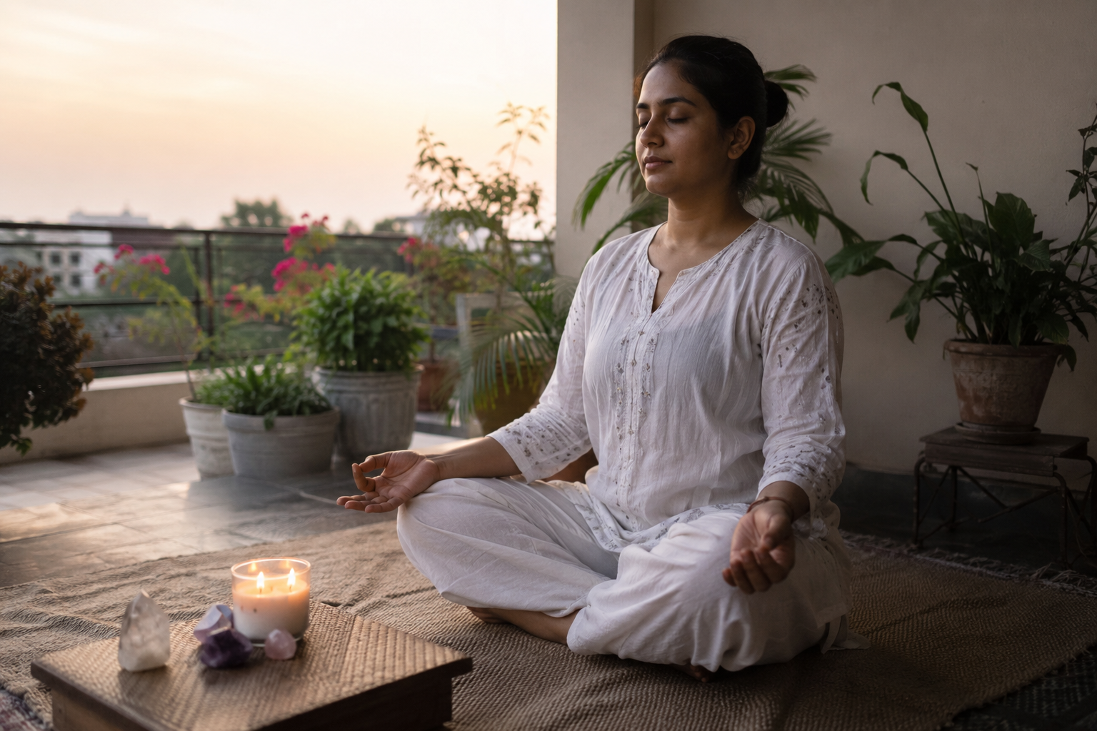 A woman meditating on a balcony at dusk