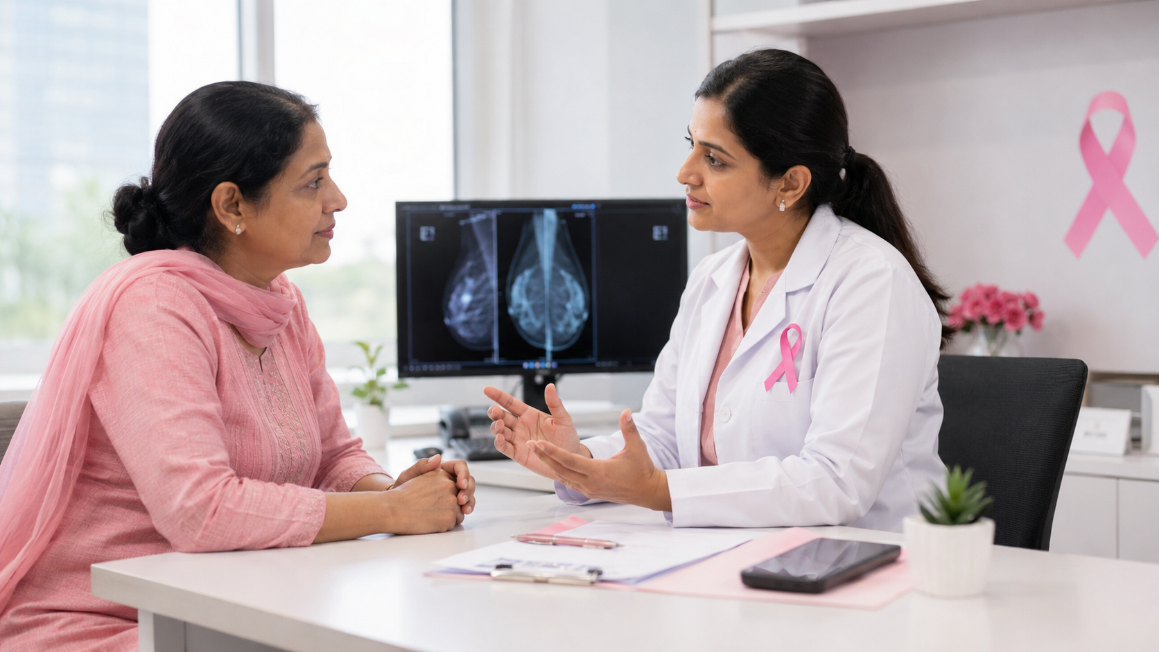A patient in conversation with a breast cancer specialist