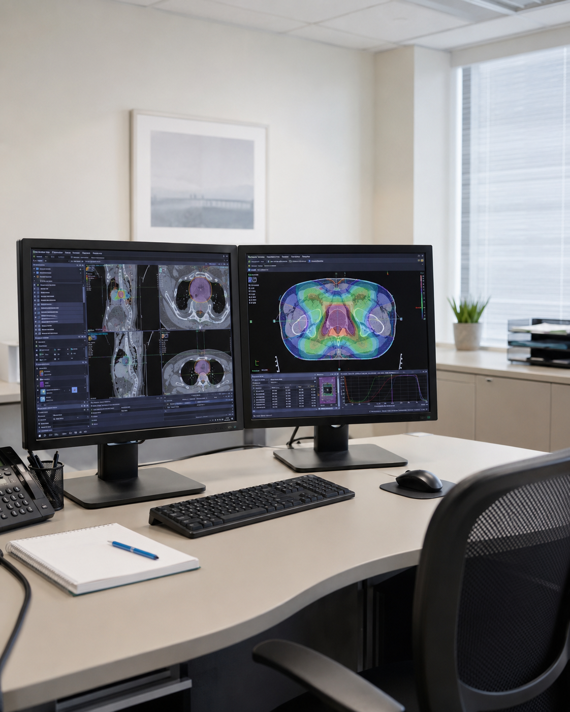 Radiation treatment planning stations showing CT and dose maps