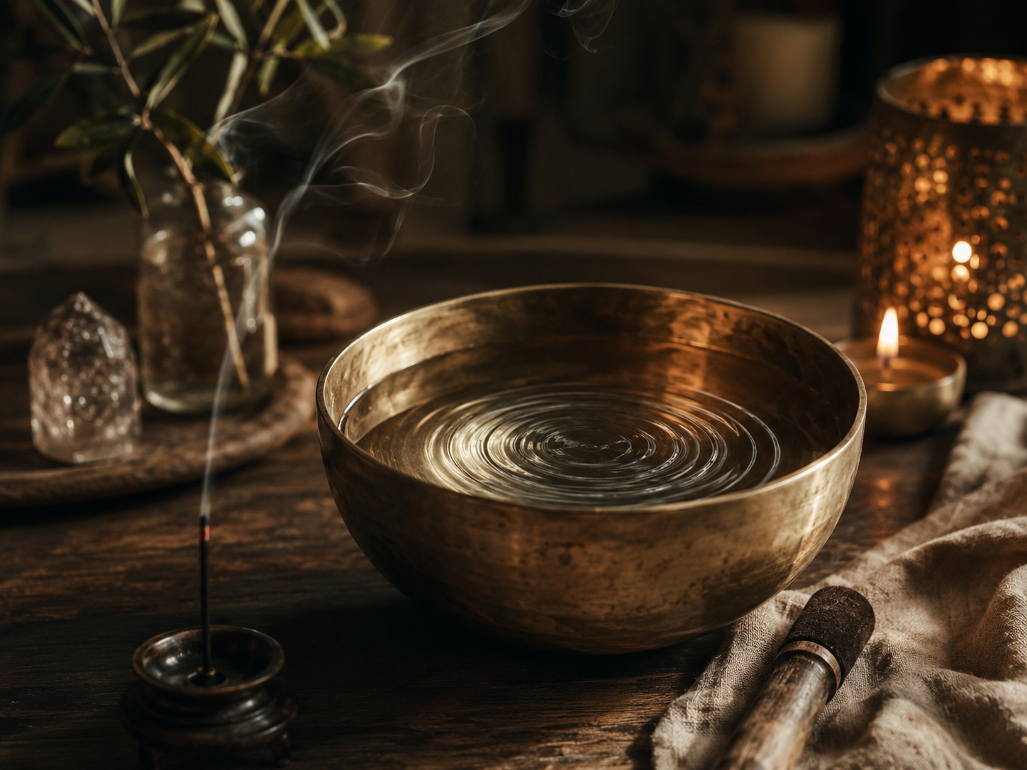 A singing bowl filled with water, incense and candlelight