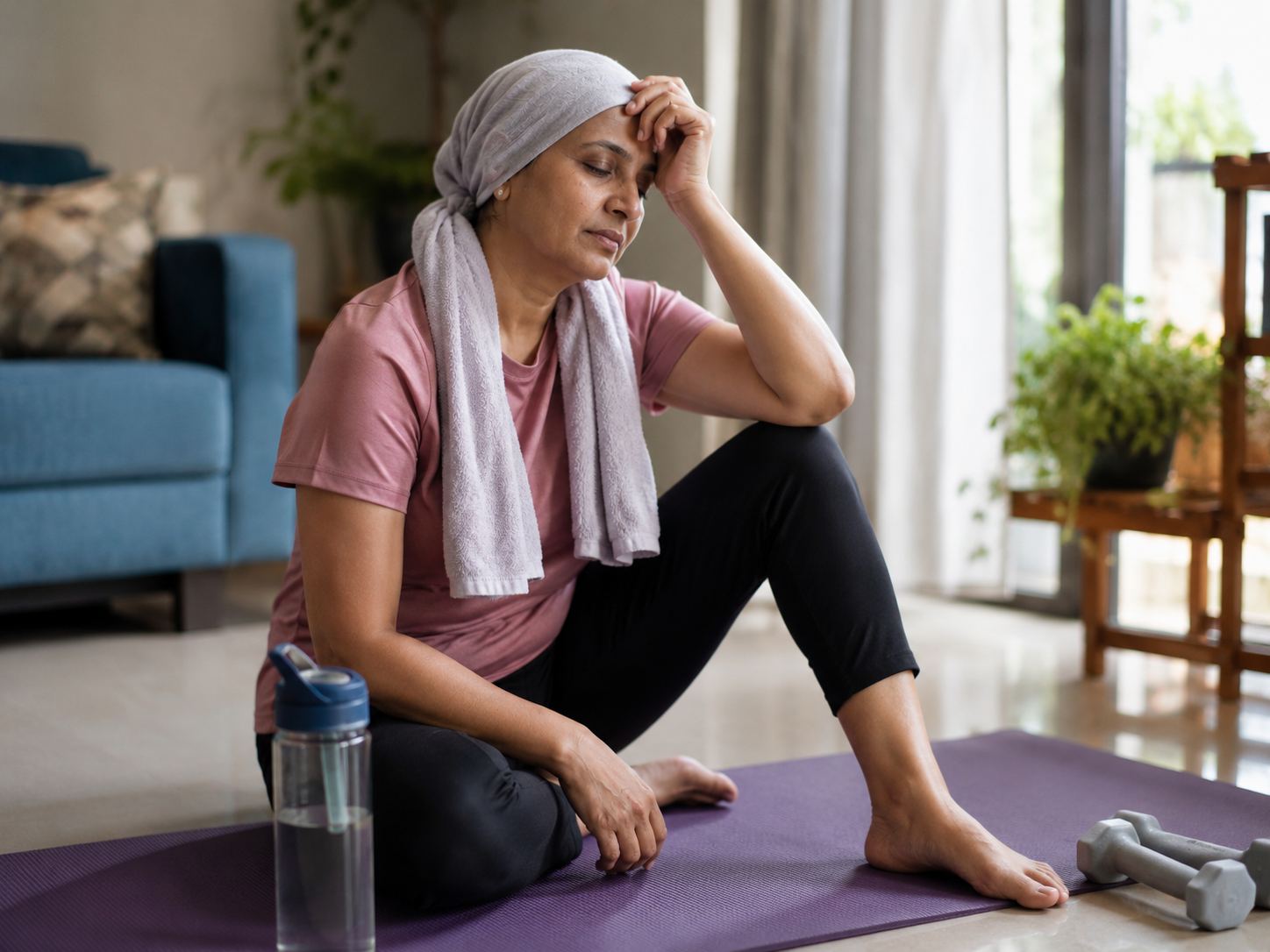 A woman resting on a yoga mat at home, water bottle and small weights beside her