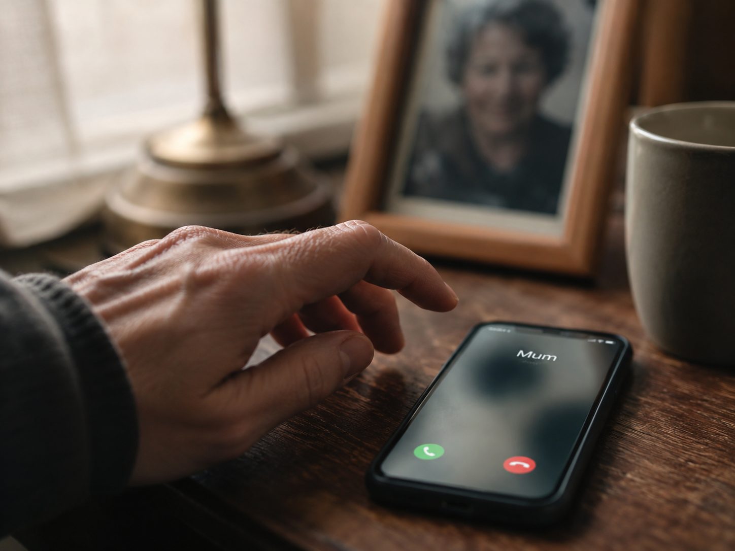 A hand hesitating over a ringing phone showing 'Mum'