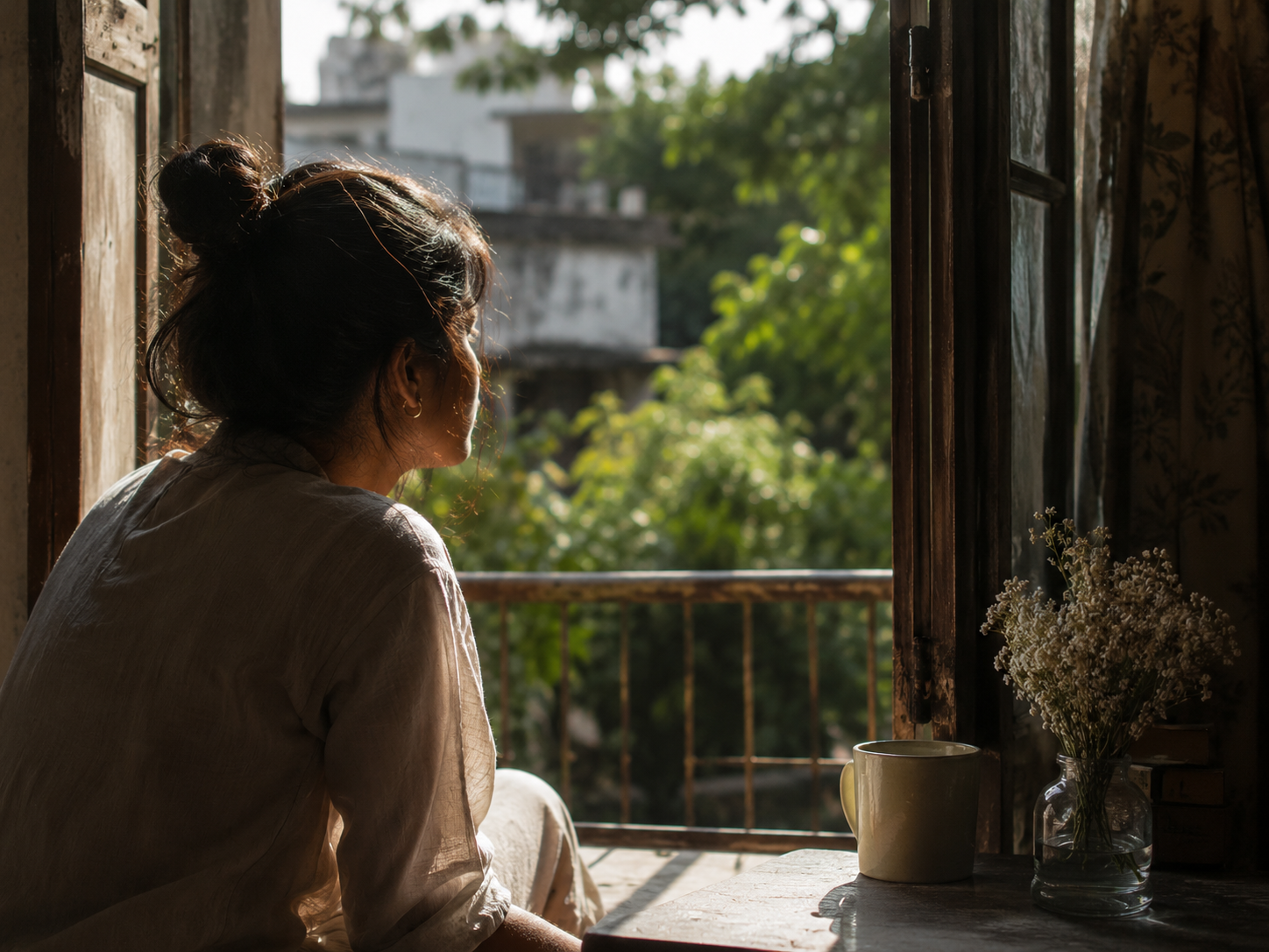 A woman sitting by an open window in morning light