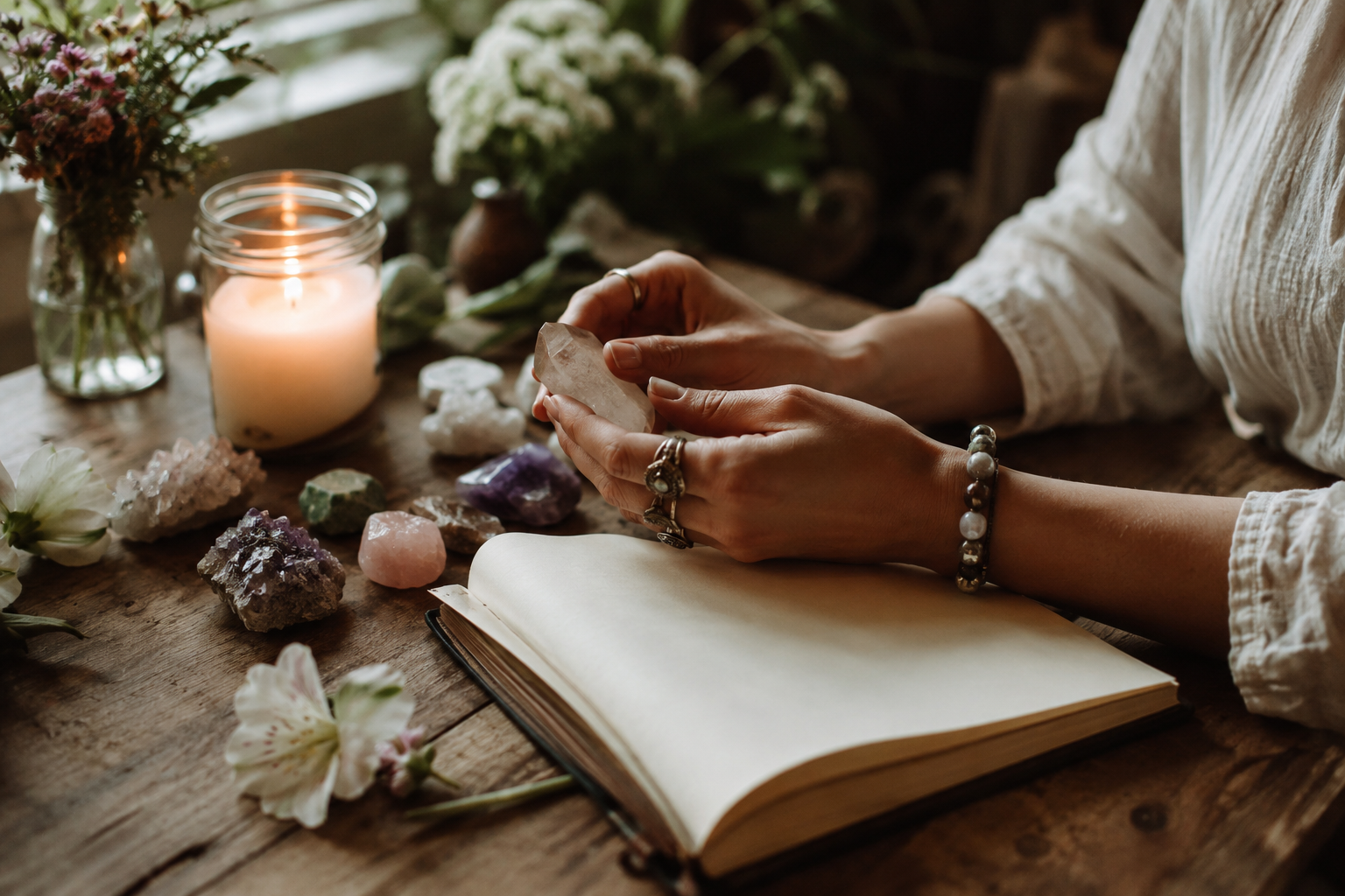 Hands holding a crystal beside an open notebook and candle
