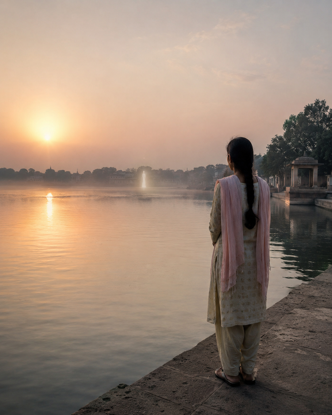 A woman standing at the water’s edge at sunrise