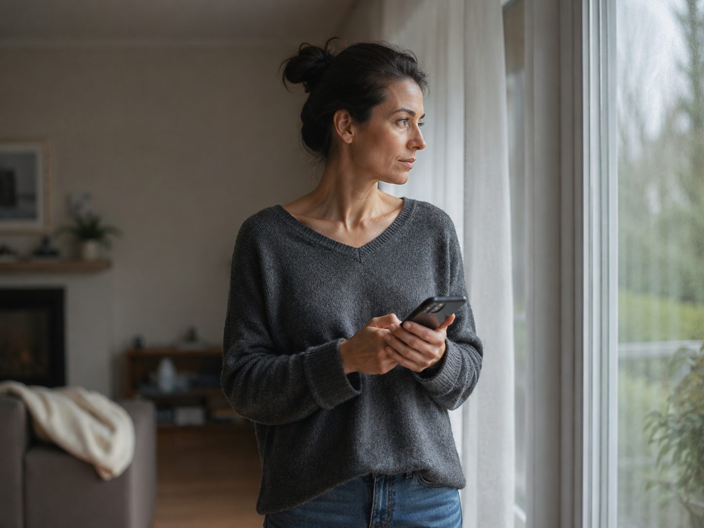 A woman standing by a window, holding her phone, looking out at the garden
